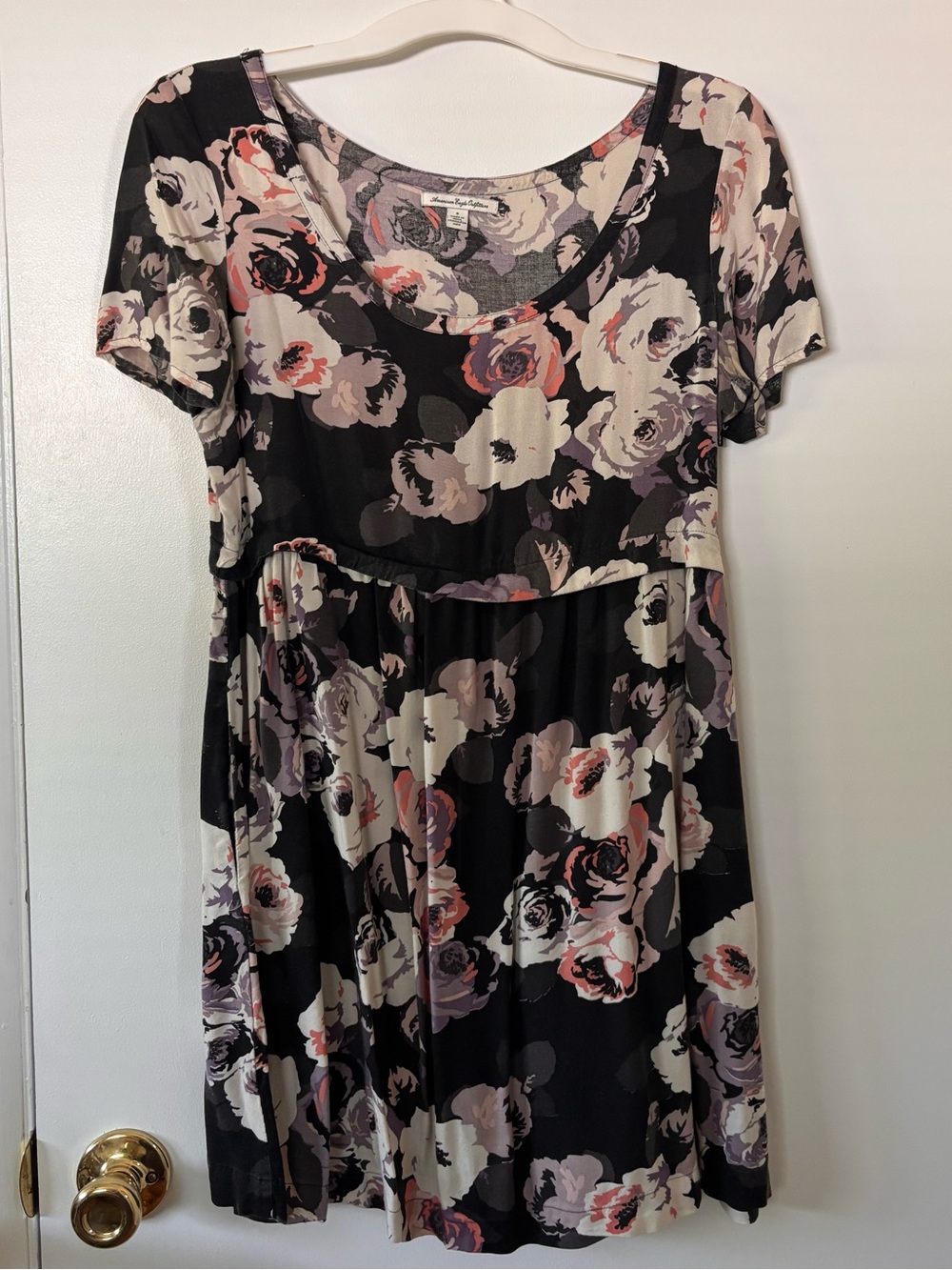 Floral Short Sleeve Empire Waist Dress - Black with Cream, Purple & Pink Flowers
